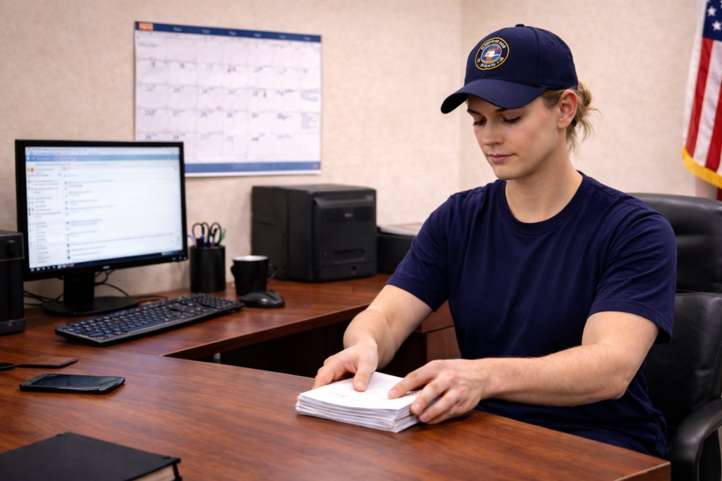 firefighter organizing paperwork in office