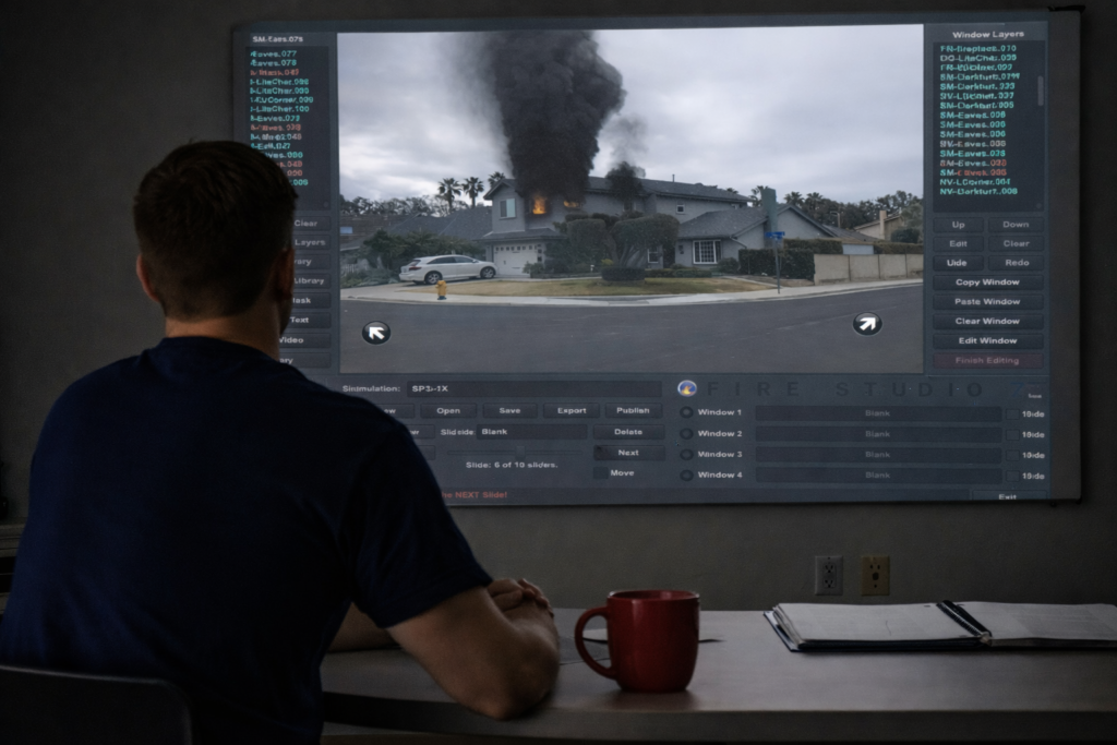 firefighter reviewing simulation scenario