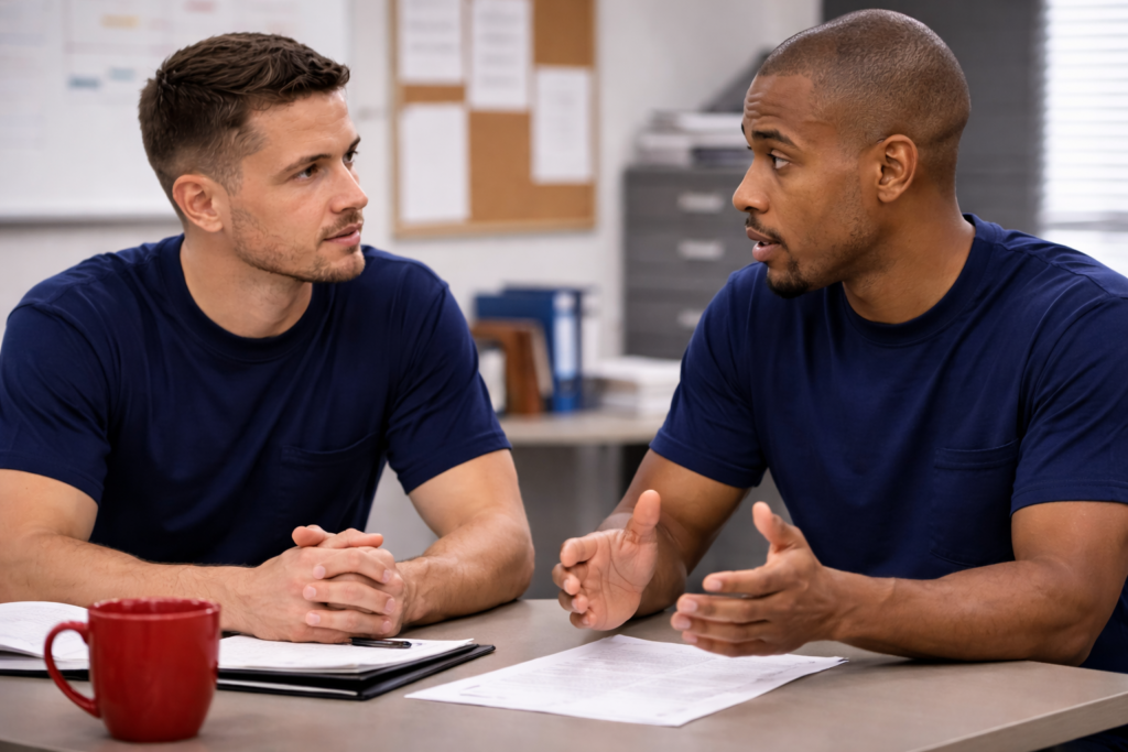 firefighters discussing in the office