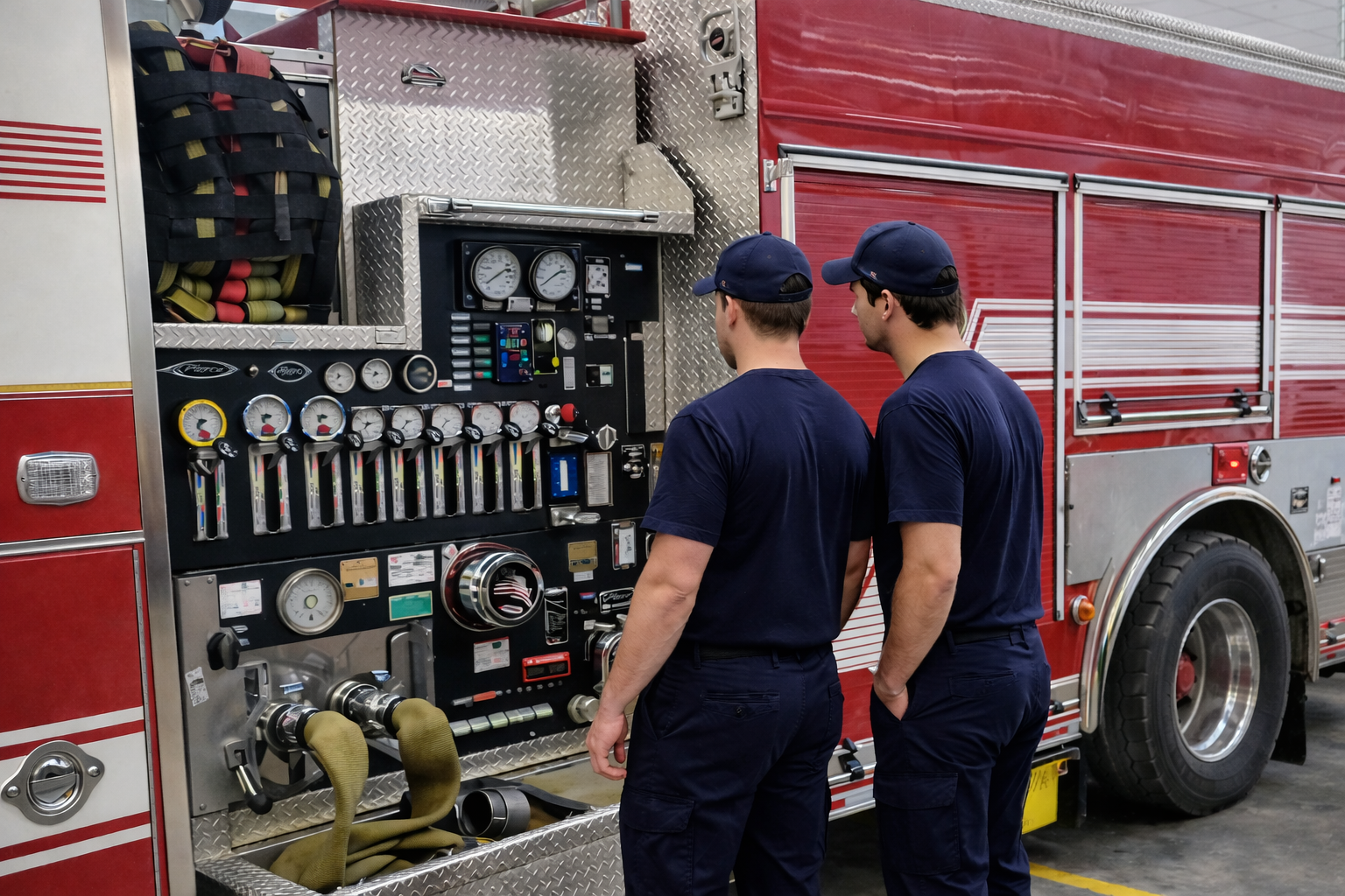 firefighters inspecting pump panel controls